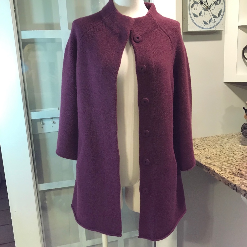 Eileen Fisher 100% wool pockets plum sweater 3/4 sleeves coat